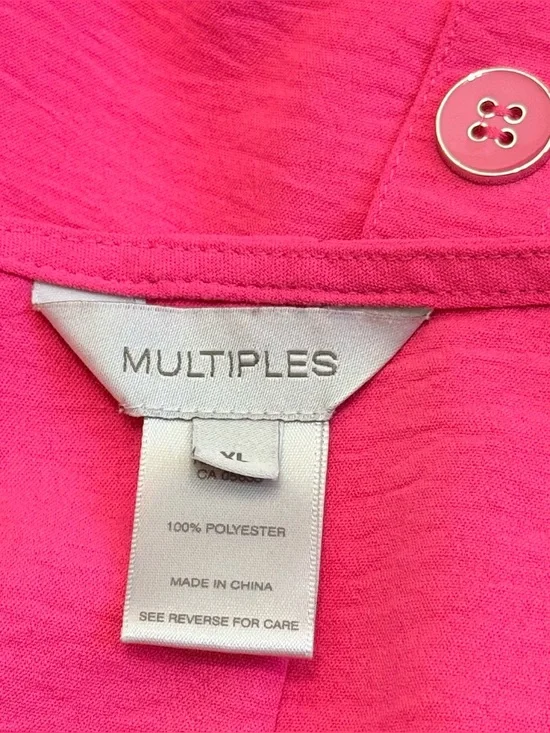 Multiples Blouse Hot Pink Magenta XL Scoop Neck Gathered Sleeves Faux Buttons - Picture 6 of 7